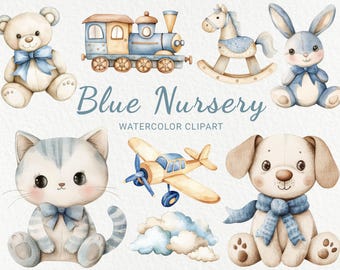 Blue Nursery Watercolor Clipart - 24 PNG Cute Baby Room Decor, Baby Shower, Newborn illustration, Toy rocking horse, train, car, plush toys