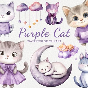 Clipart de acuarela de guardería de gato morado - 24 PNG de decoración de animales de hadas lindos, baby shower lila, fiesta de bebé, gatito lavanda, descarga digital