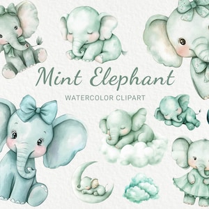 Green Elephant Nursery Watercolor Clipart - 24 PNG Safari Animals in Mint, digital prints, Baby Shower images, Digital Download