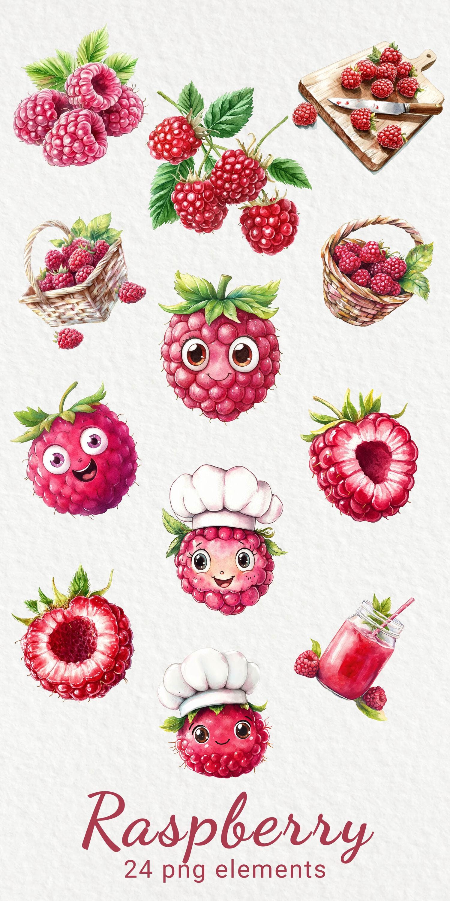 Chibi Blowing Raspberry Raspberry Watercolor Clipart - 24 PNG Funny Cartoon Raspberry ...