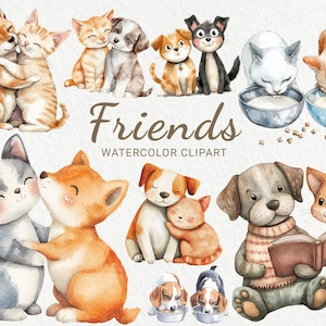 Imágenes prediseñadas de mejores amigos: 24 imágenes PNG de amistad de perros y gatos en acuarela, ilustración para amantes de las mascotas, arte lúdico, gráficos de animales, descarga digital