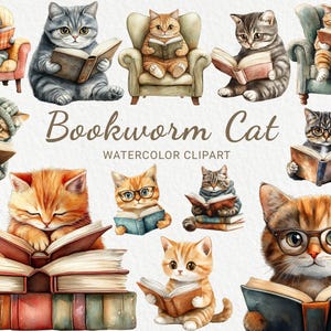 Clipart di libri di lettura di gatti - 24 PNG Clipart di topi di biblioteca ad acquerello, Immagini di amanti dei libri, Decorazioni carine, Clip art di gattini, Download digitale istantaneo