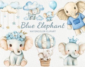 Blue Elephant Nursery Watercolor Clipart - 24 PNG Safari Animals Kids Room Decor, digital prints, Baby Shower images, Digital Download