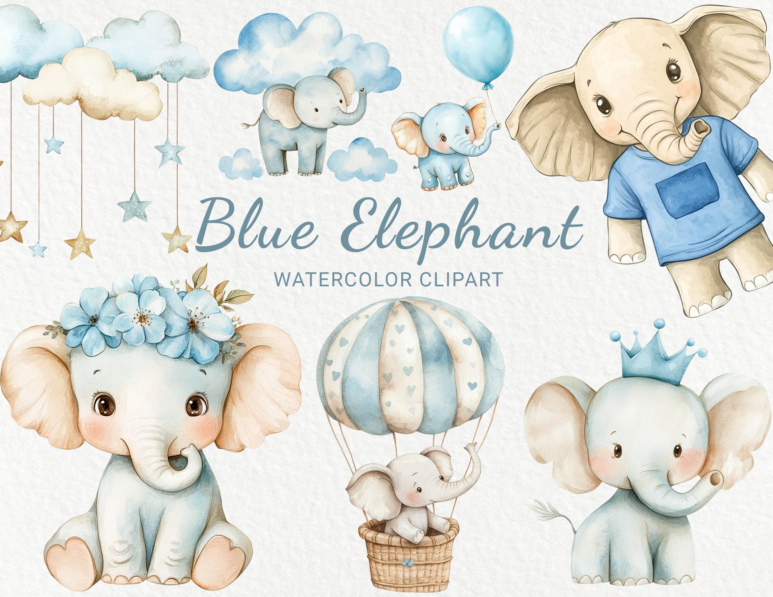 Blue Elephant Nursery Watercolor Clipart - 24 PNG Safari Animals Kids ...
