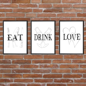 Eat, Drink Love Set of 3 Kitchen / Dining Room Wall Prints | Kitchen Prints | Kitchen Wall Art | Kitchen Decor | Dining Room Art