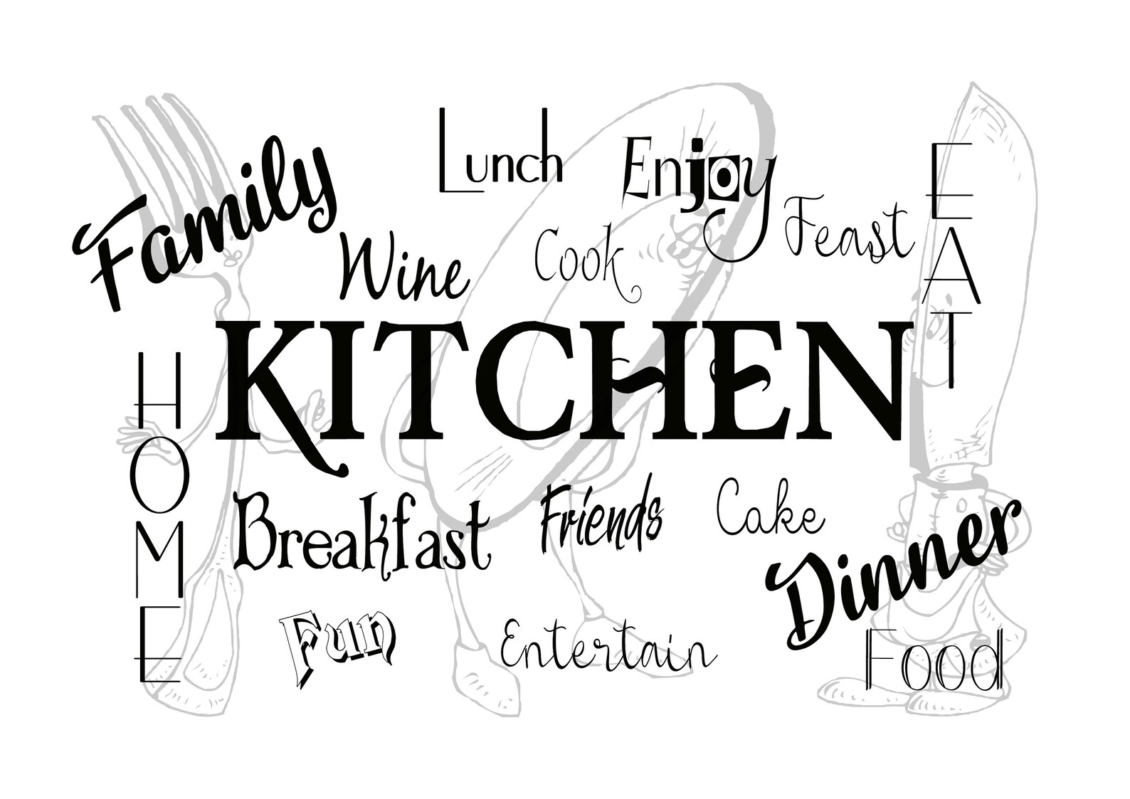 Kitchen Word Art Wall Print Kitchen Decor Family, Wine, Lunch, Cook