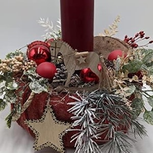 Christmas arrangement Advent wreath Advent arrangement Starry hour ball star rocking horse candle berries fir red natural