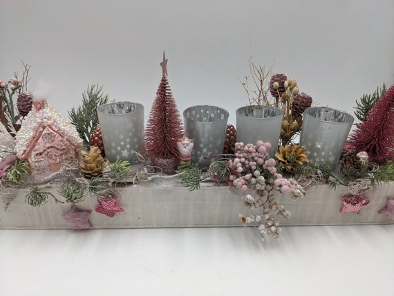 Adventsgesteck Teelicht Stern Haus rosa