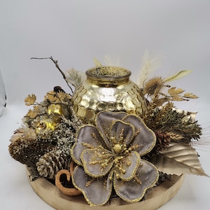 Flower set ginger autumn set autumn decoration Windlight Blossom cones Apples gold brown