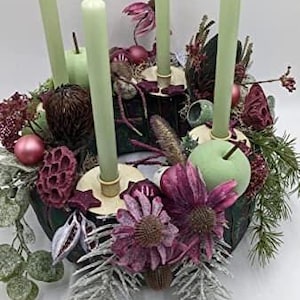 Christmas arrangement Advent wreath Advent arrangement ball apple candle coneflower accessories grasses fir green purple mint