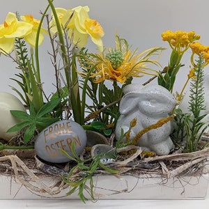 Easter Arrangement Spring Arrangement Flower Arrangement Daffodils Feather Rabbit Eggs Yellow Grey