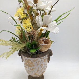 Summer arrangement succulent thistle wheat grass gold yellow