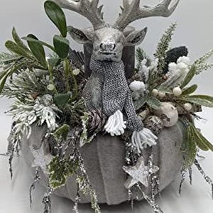 Christmas arrangement Advent wreath Advent arrangement star deer head candle mistletoe berries fir grey silver