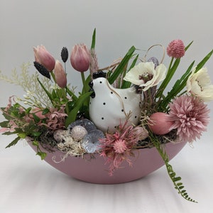 Easter arrangement egg chicken tulip grasses purple white