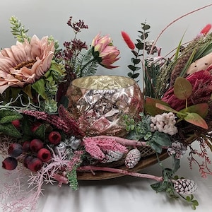 Autumn Arrangement Autumn Decoration Lantern Snail Cones Sunflower Heather Berries Grass Pink Red