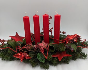 Advent arrangement candle star fir red