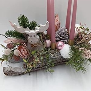 Christmas arrangement Advent arrangement table arrangement ball cone star elk candle berries fir pink cream