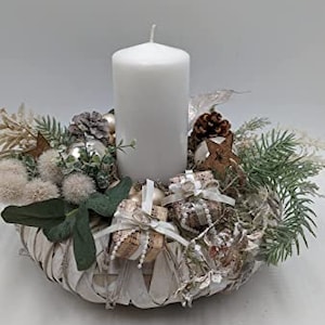 Christmas Arrangement Advent Wreath Advent Arrangement Ball Star Cone Gift Candle Fir White Cream Silver