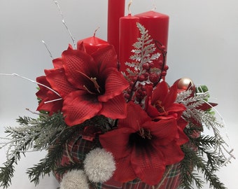 Winter arrangement Christmas arrangement candle ball amaryllis fir red
