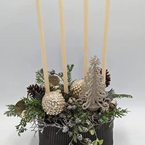 Christmas arrangement Advent arrangement table arrangement ball cone metal fir candle berries fir cream black gold