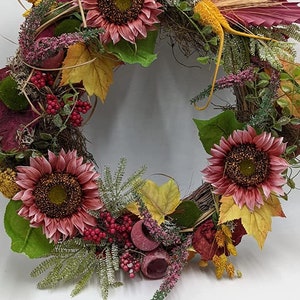 Corona de pared Corona de puerta Corona de otoño Girasol Hojas de brezo Bayas Hierbas Verde rosa