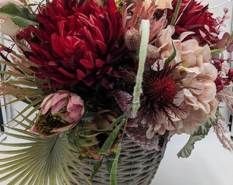 Autumn arrangement cones chrysanthemum hydrangea grasses red