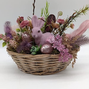 Easter Arrangement Spring Arrangement Rabbit Flowers Eggs Feathers Grass Pink Brown