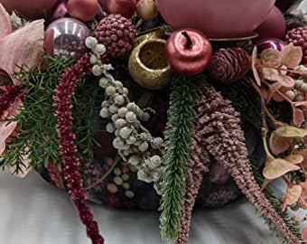 Christmas Arrangement Advent Wreath Advent Arrangement Ball Candle Magnolia Heather Berries Fir Pink Purple Gold