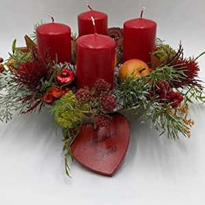 Christmas Arrangement Advent Wreath Advent Arrangement Heart, Star Apple Ball Candle Berries Fir Red Green