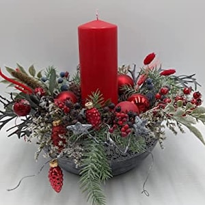 Christmas Arrangement Advent Wreath Advent Arrangement Ball Cone Star Candle Berries Fir Red Grey