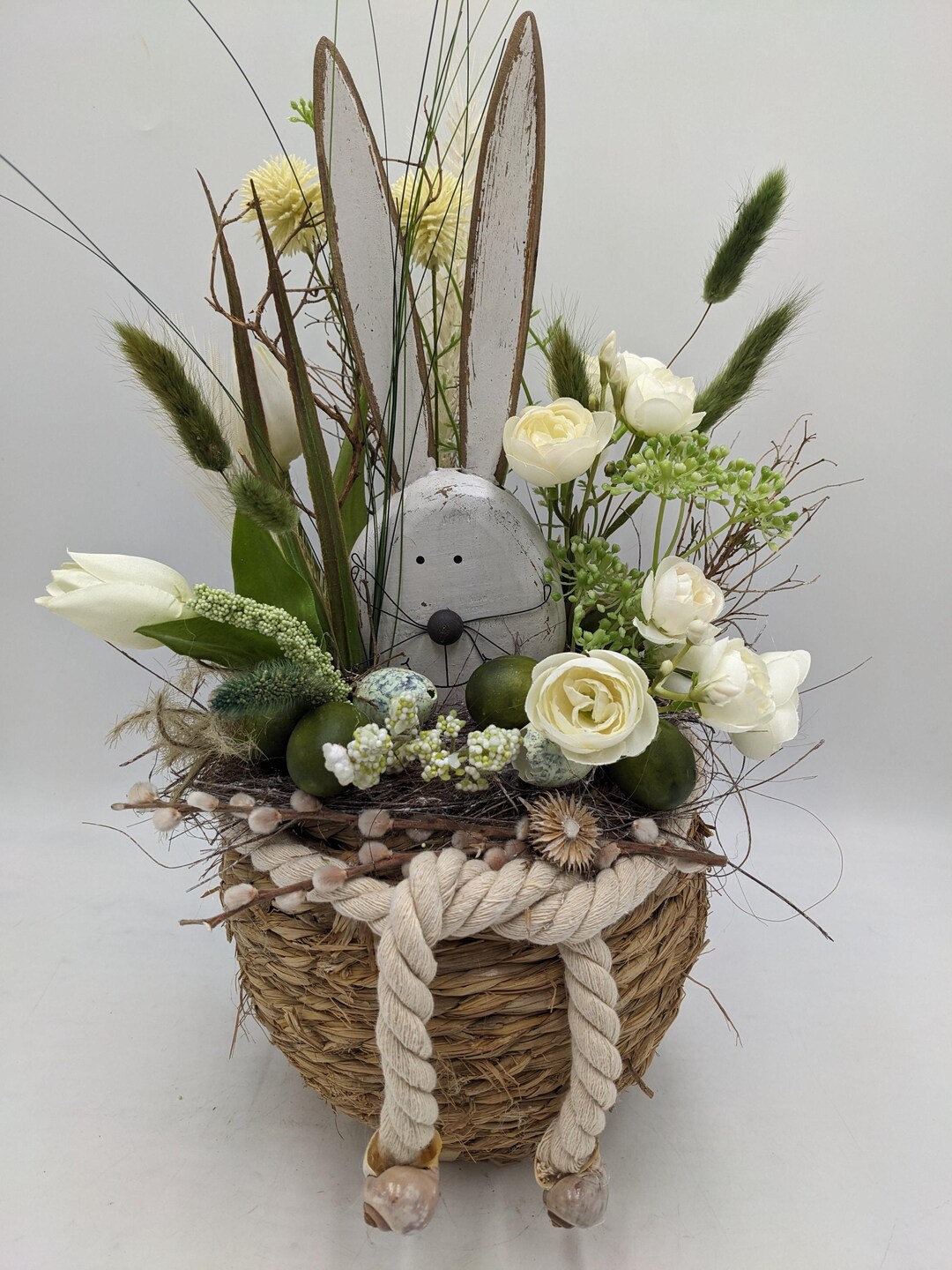Waterfall Rabbit Arrangement Easter Arrangement, Spring Arrangement, Rabbit, Grasses, Tulips, White ...