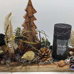 Christmas Arrangement Advent Arrangement Winter Arrangement Mushroom Candle Hedgehog Fir Trees Black Gold