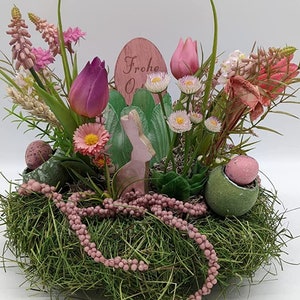 Easter Arrangement Spring Arrangement Flower Arrangement Rabbit Eggs Bellis Tulips Tealight Pink