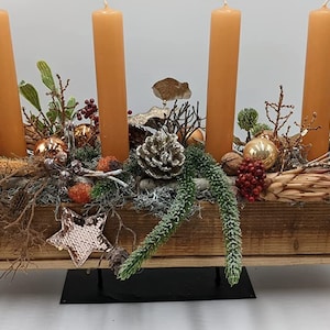 Christmas Arrangement Advent Arrangement Table Arrangement Ball Cone Star Candle Berries Grass Copper Orange Apricot