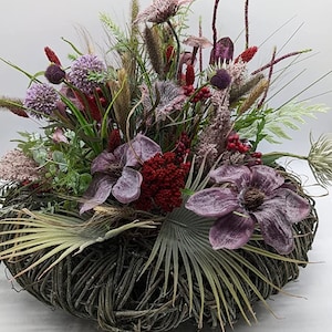 Flower Arrangement Autumn Arrangement Autumn Wreath Hydrangea Palm Leaf Accessories Grass Purple Green