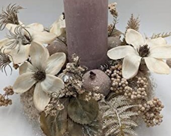 Christmas Arrangement Advent Wreath Advent Arrangement Ball Candle Magnolia Berries Grasses Cream Rose