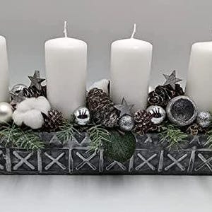 Christmas arrangement Advent arrangement table arrangement &quot;Merry Christmas&quot; ball cone star candle cotton fir white silver