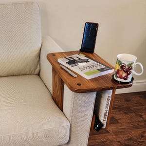 Sofa Armrest Tray, Handmade of Solid Wood, Rounded Corners, Adjustable width, Customizable