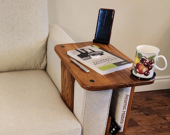 Sofa Armrest Tray, Handmade of Solid Wood, Rounded Corners, Adjustable width, Customizable