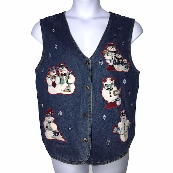 Phool Vintage Denim Snowman Christmas Vest Large