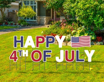 4th of July Yard Card Letters avec piquets en métal - Fabriqué à partir de plastique ondulé - Résistant aux intempéries