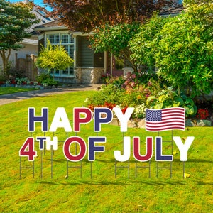 4th of July Yard Card Letters avec piquets en métal - Fabriqué à partir de plastique ondulé - Résistant aux intempéries