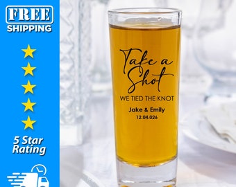 Take A Shot We Tied The Knot 2oz Wedding Shooters | Clear & Frosted, Personalized Wedding ShotGlasses, Custom Wedding Favor - SG8