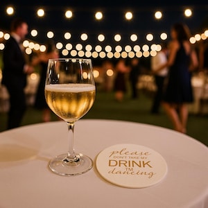 May include: A wine glass filled with a light-colored beverage, possibly beer or wine, sits on a white tablecloth. A round coaster with gold text that reads "please don't take my DRINK dancing" is next to the glass. The background features blurred figures and string lights.