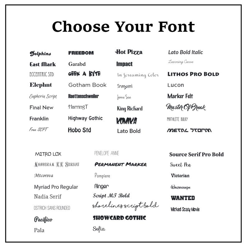 Pode incluir: Gr&aacute;fico em preto e branco com o texto "Choose Your Font" no topo. A imagem exibe uma variedade de estilos de fonte, incluindo "Dolphins", "Hot Pizza" e "WANTED", mostrando diferentes tipos de letra para projetos de design.
