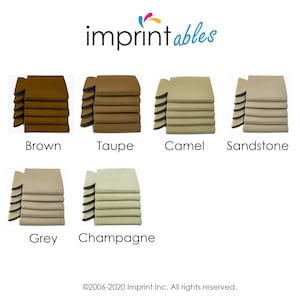 Puede incluir: Pilas de seis aislantes de bebidas de espuma en varios colores, incluyendo marr&oacute;n, topo, camel, arenisca, gris y champ&aacute;n. El texto "imprintables" est&aacute; en la parte superior de la imagen.