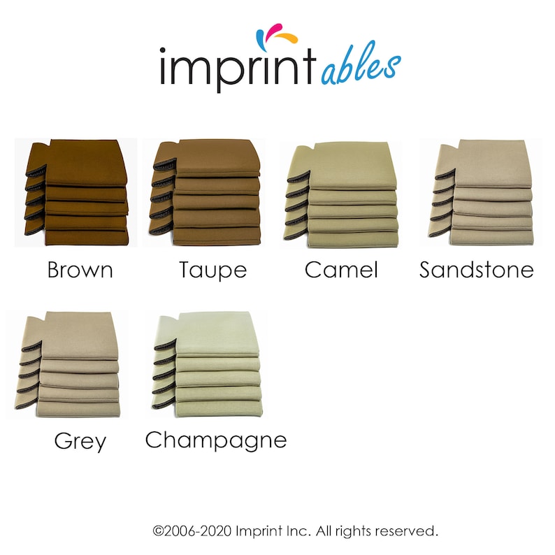Puede incluir: Pilas de seis aislantes de bebidas de espuma en varios colores, incluyendo marr&oacute;n, topo, camel, arenisca, gris y champ&aacute;n. El texto "imprintables" est&aacute; en la parte superior de la imagen.