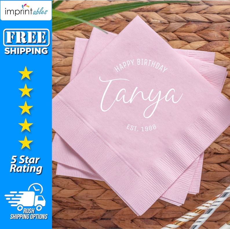 Custom Birthday Napkins | Custom Party Napkins | Birthday Party Napkins | Personalized Beverage Napkins | Birthday Napkins | Cocktail - BN10 image 1