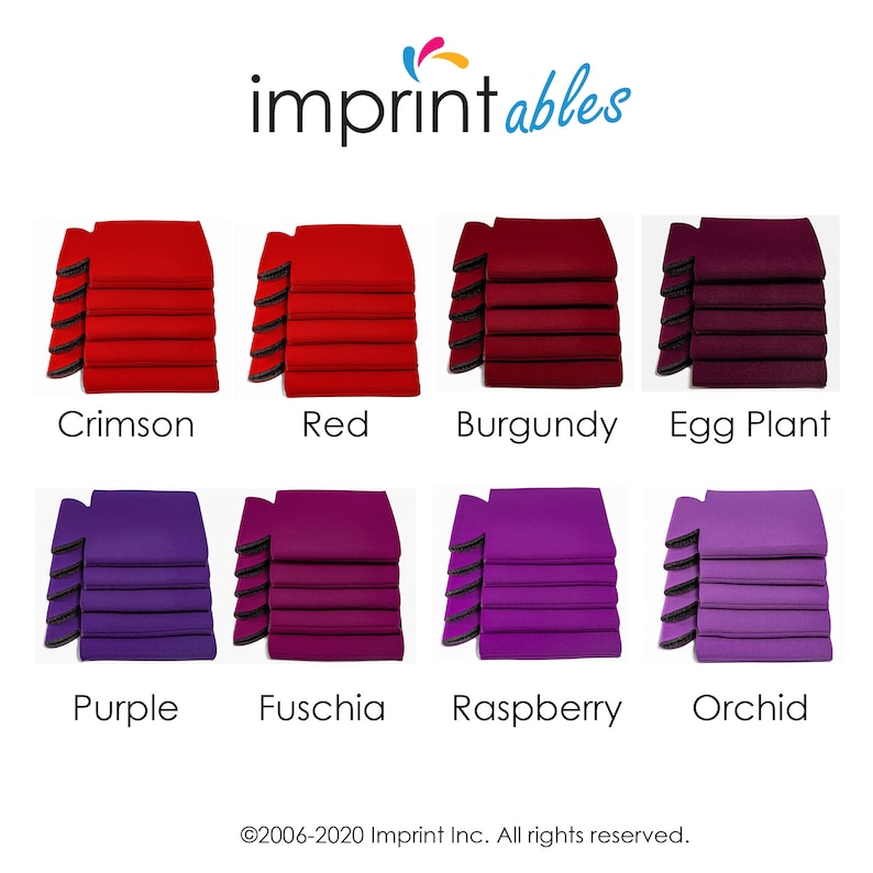 Puede incluir: Un conjunto de 10 enfriadores de latas de neopreno en varios colores, incluyendo carmes&iacute;, rojo, burdeos, berenjena, morado, fucsia, frambuesa y orqu&iacute;dea. Los enfriadores est&aacute;n apilados en filas de cinco, con cada fila presentando un color diferente. La imagen incluye el texto "imprintables" y "&copy;2006-2020 Imprint Inc. All rights reserved."