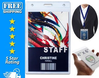 May include: A clear plastic badge holder with a white background and a blue border. The badge holder has a hole at the top for a lanyard. The text "STAFF" is printed in white on a blue background. The text "CHRISTINE FARNELL" is printed in black below the word "STAFF". A barcode is printed below the name. The badge holder is 4 inches by 6 inches.